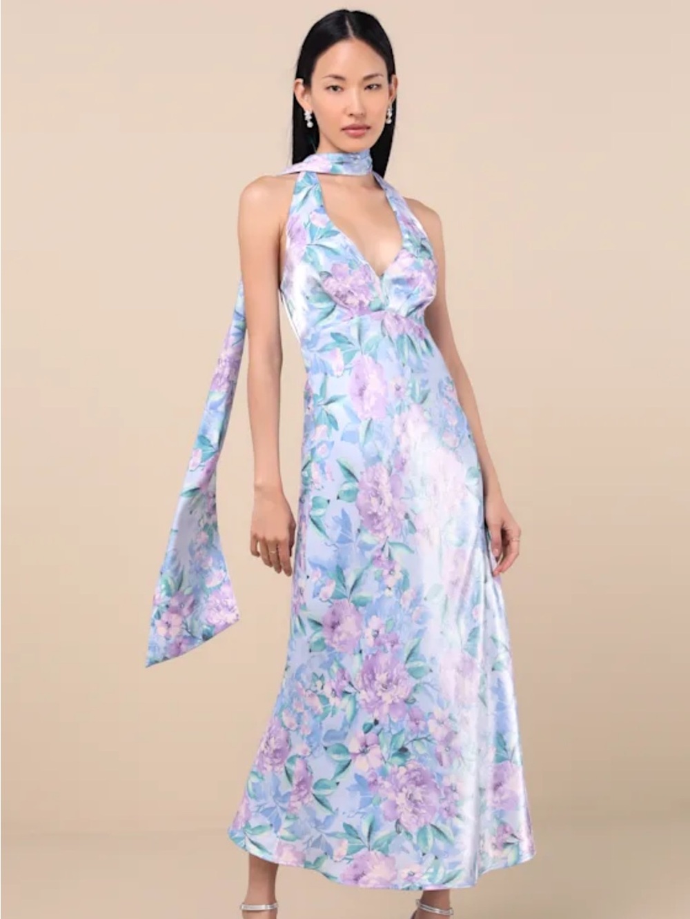 Lulus Malani Light Blue Floral Satin Sash Midi Dress